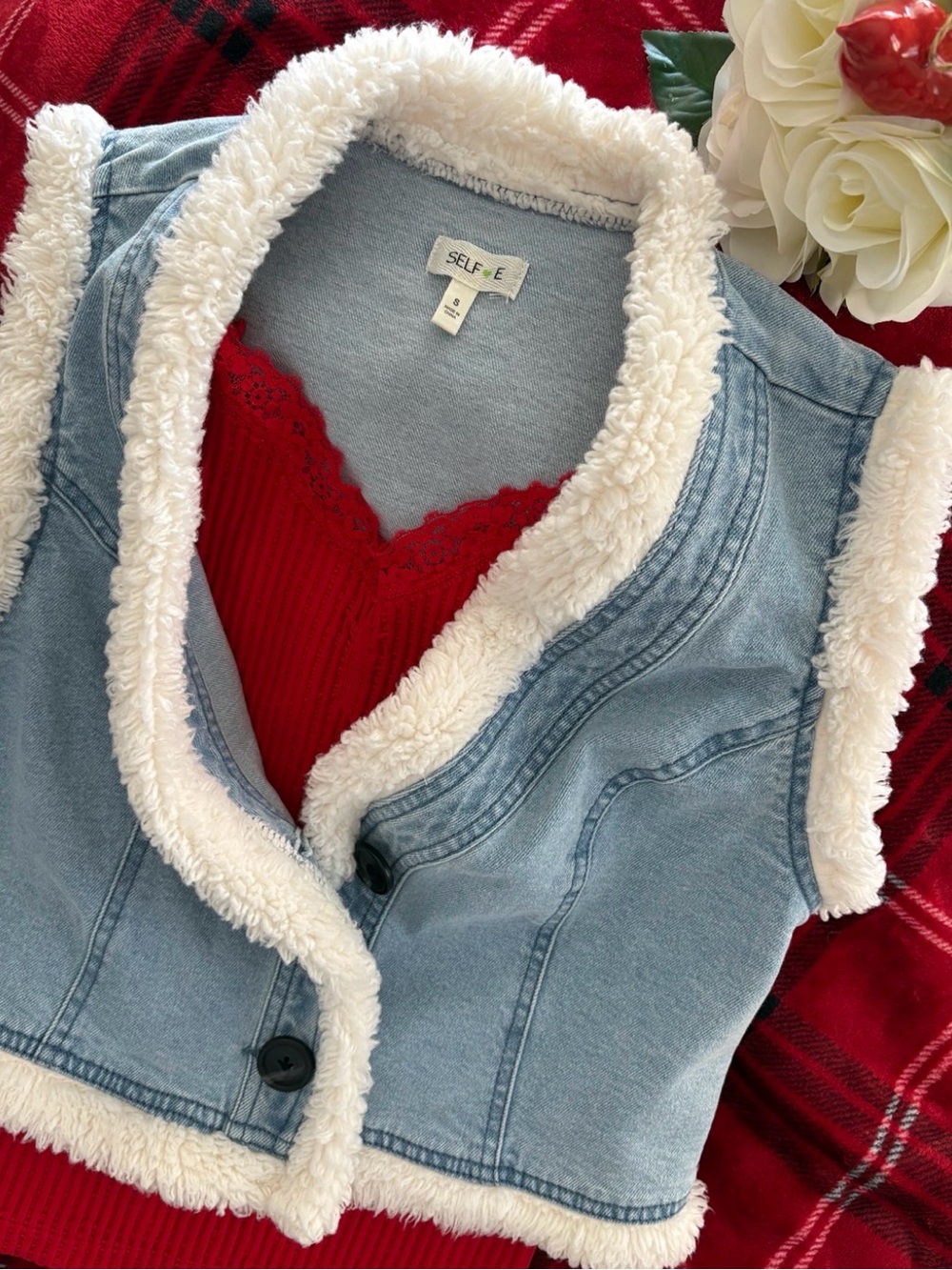 Selfie Sherpa Trim Cropped Denim Vest Small Western Holiday 🎥🎄